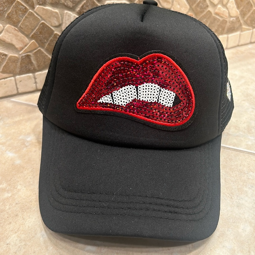 Red lips trucker hat sequin bling heart
